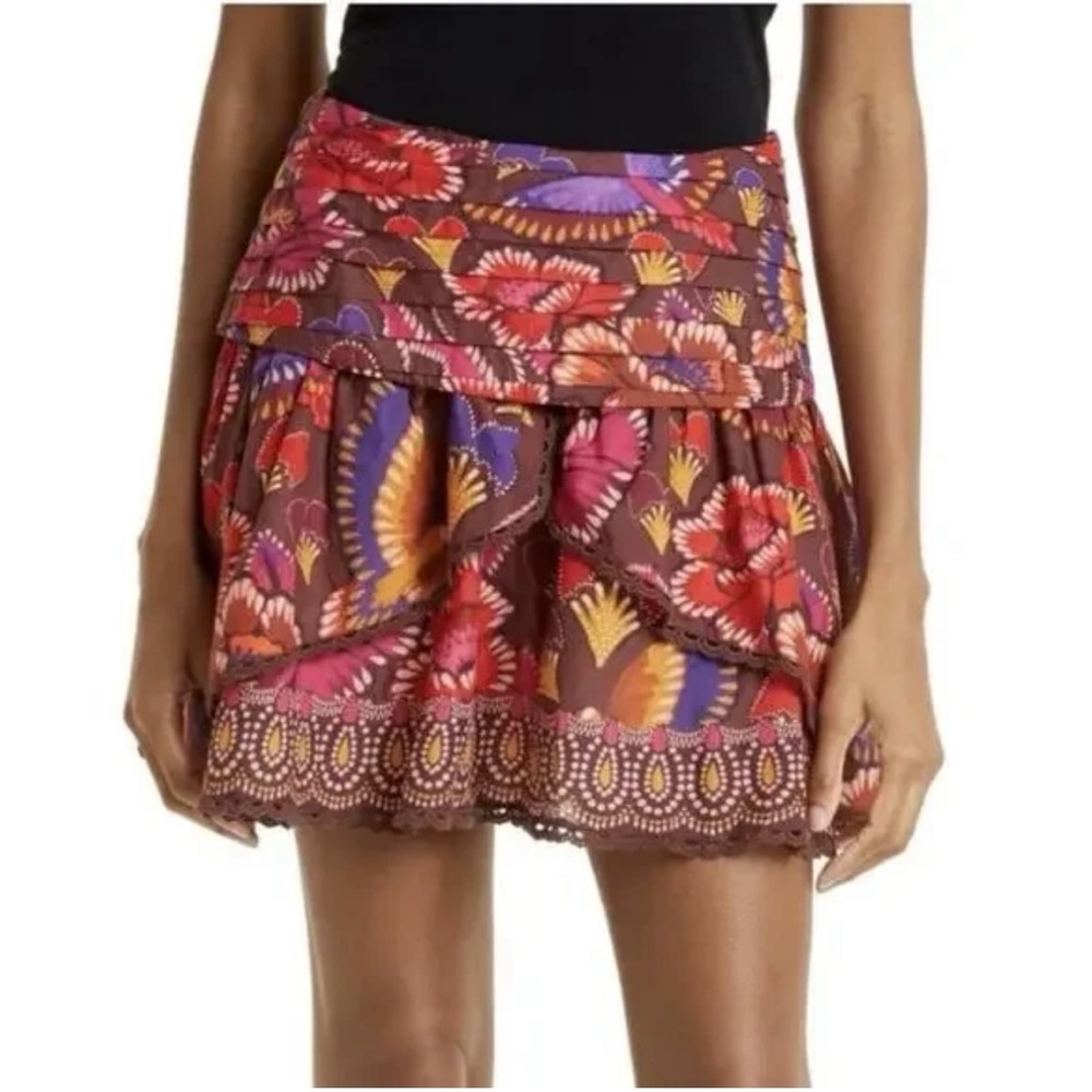 Farm Rio Bright Flora Brown Mini Skirt Size XS